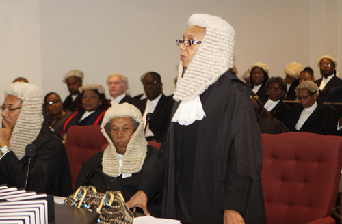 Attorney-General and Minister of Legal Affairs Senator the Hon. Allyson Maynard-Gibson, QC, addresses a special sitting of the Court of Appeal to mark the opening of the Legal Year 2015.