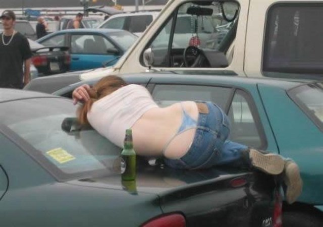 Drunk woman on car.