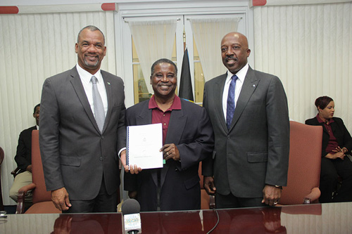 The Hon. Jerome Fitzgerald, Minister of Education, Science and Technology (left) is pictured along with the Hon. Shane Gibson, Minister of Labour and National Insurance (right) and Charles Wildgoose, president of the Bahamas Education and Managerial Union following the signing of the first Industrial Agreement. (BIS Photo/Raymond A. Bethel, Sr.)