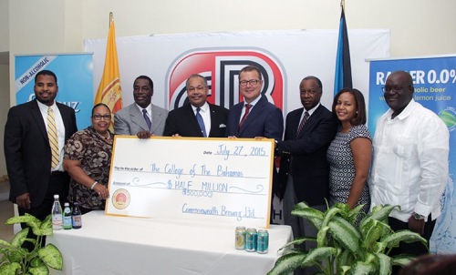 SCHOLARSHIP FUND ESTABLISHED between The College of The Bahamas (COB) and Commonwealth Brewery Ltd. with signing of a Memorandum of Understanding July 27, 2015 at the Harry C. Moore Library of The College of The Bahamas. Pictured from left: Dean, Faculty of Pure & Applied Sciences Dr. Carlton Watson; Dean, Social & Educational Studies Dr. Ruth Sumner; COB Council Vice-Chairman Dr. Earl Cash; COB President Dr. Rodney Smith; Commonwealth Brewery Managing Director Hans Neven; Commonwealth Brewery Chairman Julian Francis; COB Vice-President, Advancement, Davinia Blair; Ministry of Education Administrator/Scholarship and Educational Loans Division Reginald Saunders. (BIS Photo/Raymond A. Bethel, Sr.)