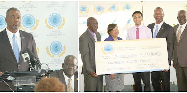 (LEFT) Minister of Education, Science and Technology the Hon. Jerome Fitzgerald addressing the All-Bahamas Merit Scholarship Awards Ceremony at the Thomas A. Robinson National Stadium conference room on Wednesday, August 12, 2015. (RIGHT) Pictured from left are Lionel Sands, Director of Education; Donella Bodie, Permanent Secretary; Domonic McDonald, 2015 All-Bahamas Merit Scholar; Minister of Education, Science and Technology the Hon. Jerome Fitzgerald; and Reginald Saunders, Administrator Scholarships and Loan Division, Ministry of Education, Science and Technology. (BIS Photos/Patrick Hanna)