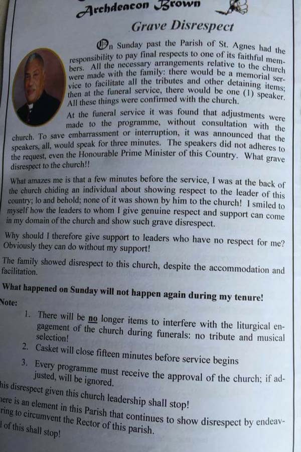 Pastoral Letter published by Archdeacon Brown last year following the funeral of Bismark Coakley.