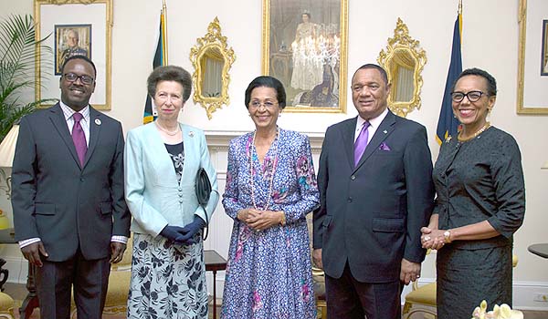 Her Excellency Dame Marguerite Pindling, Governor General of the Commonwealth of The Bahamas received HRH The Princess Royal, Princess Anne in a Welcome Reception at Government House on Sunday, September 27, 2015 attended by the Prime Minister the Rt. Hon. Perry G. Christie, Attorney General and Minister of Legal Affairs Sen. the Hon. Allyson Maynard Gibson, and Minister of Youth, Sports and Culture the Hon. Dr. Daniel Johnson. Pictured are: HRH The Princess Royal, Princess Anne, second left; HE Dame Marguerite Pindling, centre; Prime Minister Perry Christie, second right; Attorney General Allyson Maynard Gibson, right; and Minister Daniel Johnson, left. (BIS Photo/Letisha Henderson) 