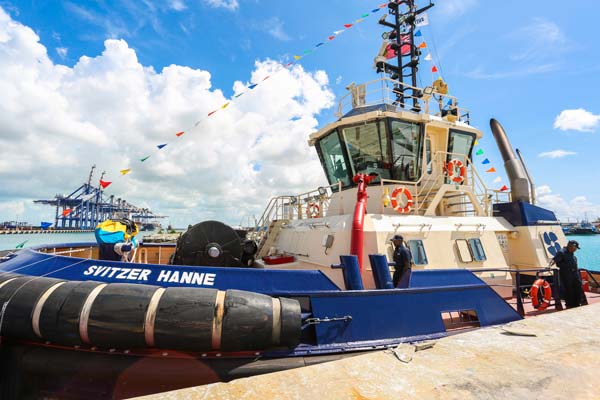 The Svitzer Hanne is one of three new tugboats the towage company added to its fleet this week. The latest additions bring its total Grand Bahama fleet to eight vessels. Svitzer held an official ceremony to commemorate the commissioning of the vessels on Wednesday at The Freeport Harbour. (Photo: Keen i Media Ltd.)