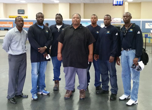 Grand Bahama Power Linesmen headed to the Southern Bahamas to help with restoration efforts depart Grand Bahama International Airport- Domestic Terminal. Pictured (left to right) are Delano Arthur, Manager of Operations and Maintenance for T&D, Andre Spence, David Parker Jr., Troy Mackenzie, Director of Transmission & Distribution, Chad Bartlett, Arthur Spencer, and Patrick Laing, Team Leader.