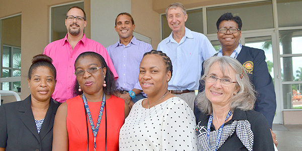 Contributors to the 21st Volume of International Journal of Bahamian Studies. From left top: Stephen Aranha, Assistant Professor, School of Social Sciences; Dr. Ian Bethell-Bennett, Dean, Faculty of Liberal and Fine Arts; William Fielding, Grant Writer and Dr. Berthamae Walker, College Librarian. From left front: Bernadette Bain, L.L.B. Programme, Lecturer; Antoinette Seymour, LIMS, Archivist; Shanada Hinsey, LIMS, Systems Librarian and Virginia Balance, Nursing and Health Sciences Librarian and IJBS Managing Editor.