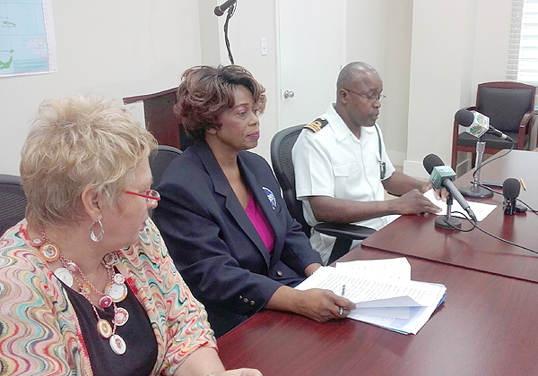The National Emergency Management Agency, NEMA, on Monday, October 19, 2015 held a press conference to update the public on relief efforts following the passage of Hurricane Joaquin. Pictured from left are Dr. Gerry Eijkemans, PAHO/ WHO Representative for The Bahamas & Turks and Caicos Islands; Chrystal Glinton, First Assistant Secretary, NEMA; and Lt. Cmdr. Frederick Brown, Royal Bahamas Defence Force.  (Photo/NEMA)