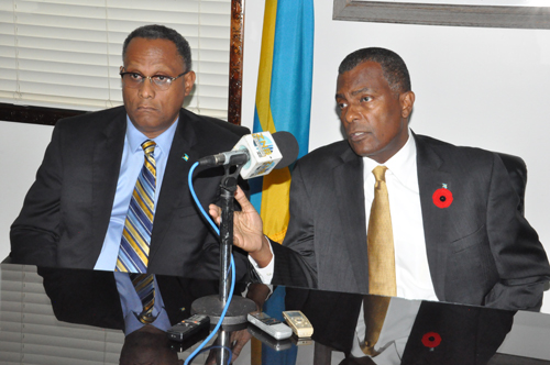 A SERIOUS ISSUE - Minister of Foreign Affairs and Immigration, the Hon. Fred Mitchell, during a press briefing in Freeport on Friday at the Ministry for Grand Bahama, that the matter of $25,000 missing from the Freeport Passport Office is a serious one. Minister Mitchell, who has responsibility for that Department is seen along with the Minister for Grand Bahama, the Hon. Dr. Michael Darville. (BIS Photo/Andrew Miller)