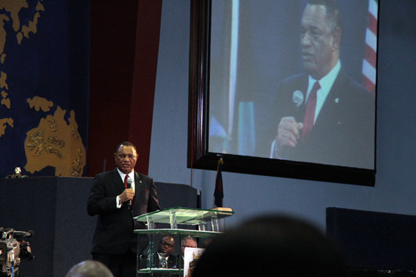 Prime Minister and Minister of Finance the Rt. Hon. Perry Christie speaks, on October 9, 2015, during the Official Opening of the annual Global Leadership Forum, an event sponsored by the International Third World Leaders Association, and held at the Myles E. Munroe Diplomat Center. The Diplomat Center was also renamed in the honour of the late religious leader that day at the opening. (BIS Photo/Eric Rose) 