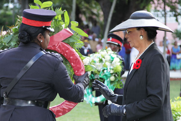 Dame Marguerite lays a wreath at the cenoptaph on Sunday.