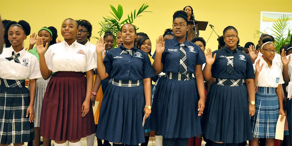 49 students representing public and independent schools in New Providence pose before entering St Joseph Fellowship Hall on Wednesday November 4th  2015, before their induction as Teacher Cadets in the Future Teacher Programme [Photo: Aletha Cooper].