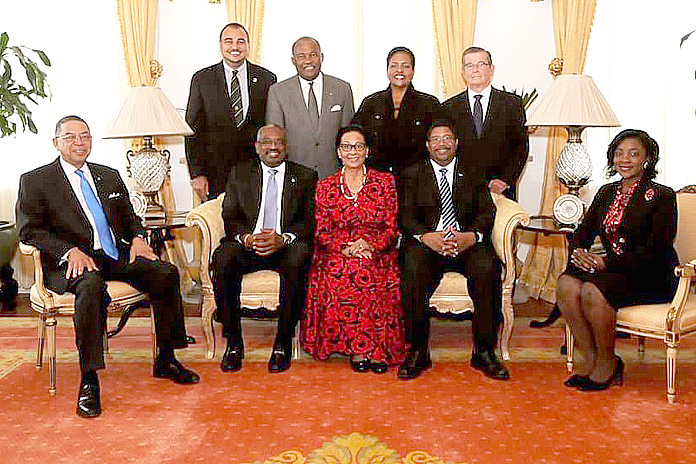 Members of HM Loyal Opposition sat down for lunch with the Governor General Dame Marguerite. Her Excellency hosted the Hon. Dr. Hubert Minnis, leader, and members of the Opposition Free National Movement to a Christmas luncheon at Government House, on December 14, 2015.  Pictured during the luncheon event in group photo, the Governor General is seated centre, Dr. Minnis is at centre left, and Peter Turnquest, deputy leader, is at centre right.   At left is Hubert Chipman, MP, St. Annes; and at right, Senator Lanisha Rolle.    Standing from left: Theo Neilly, MP, North Eleuthera; Neko Grant, MP, Central Grand Bahama; Loretta Butler-Turner, MP, Long Island; and Edison Key, MP, Central and South Abaco.  (BIS Photo/Letisha Henderson)