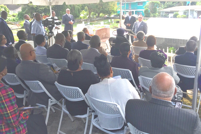 Prime Minister Christie addressing the audience at Sir Lynden's Mausoleum today.