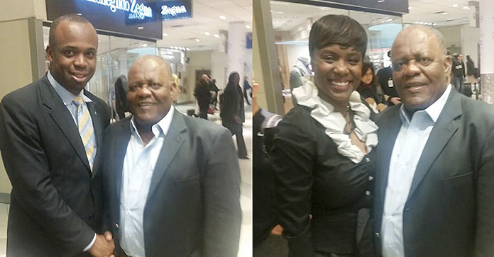 Bahamas Consul General to Atlanta Randy Rolle (left)and Bahamas Vice Consul to Atlanta Monique Vanderpool (right) greets former Bahamas Prime Minister Hubert Ingraham as stopped briefly in Atlanta Wednesday afternoon in transit to Vanuatu for its General Election on January 22, 2016.