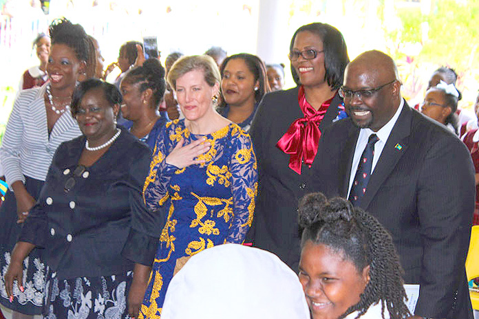 Hon. Kenred Dorsett, Minister of the Environment and Housing; Her Royal High The Countess of Wessex, Carolyn Wright-Mitchell, Principal of Garvin Tynes Primary School.