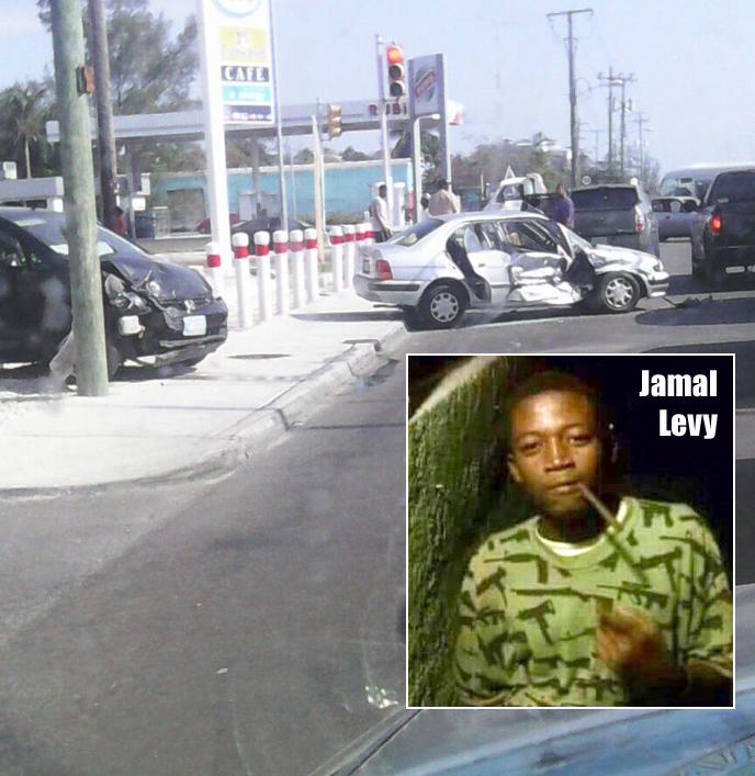 Accident at the intersection of East Street South today and inset photo of Andros homicide victim Jamal Levy.