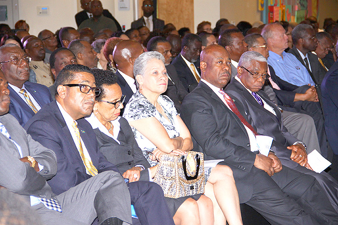 Leaders join Prime Minister Christie at teh 2040 Launch at the Harry C. Moore Library.