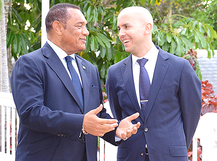 Deputy Assistant Secretary for Western Hemisphere Affairs Juan Gonzalez speaks with Prime Minister of The Bahamas the Rt. Hon. Perry Christie during a reception at the U.S. Ambassador’s Residence. (Photo courtesy Peter Ramsay, BIS) 