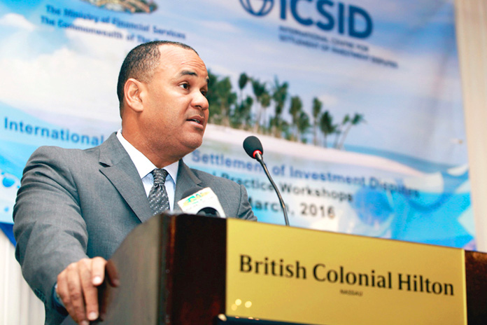 Minister of Financial Services, Hon. Hope Strachan delivers opening remarks during the official opening of the International Centre for the Settlement of Investment Disputes (ICSID). The two-day seminar was held as a joint partnership between the Ministry of Financial Services and ICSID, which is also celebrating its 50th Anniversary celebrations. The event was held at the British Colonial Hilton March 30-31. (BIS Photo/Derek Smith)