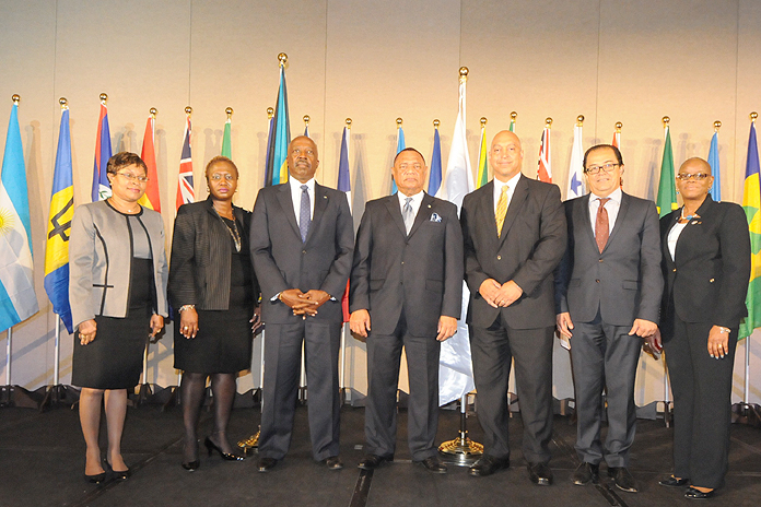 The National Insurance Board (NIB) hosts the Meeting of the Inter-American Conference on Social Security (CAOSA), April 25, 2016 at the Grand Ballroom, Atlantis on Paradise Island. Pictured from left are Rowena Bethel, Director/NIB; Renae McKay, Chairman, NIB; Prime Minister the Rt. Hon. Perry Christie; Vance Teal, President of the American Commission on Organization and Administration Systems; Omar de la Torre, Secretary General, Inter-American Conference on Social Security; and Cecile Williams-Bethel, Sr. Deputy Director Operations/First VP, CAOSA.  (BIS Photo/Peter Ramsay)