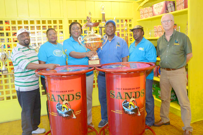 Left to right: Tyrone T, Regatta host; Umeakie Sawyer, committee member; Chervita Campbell, Committee Chairman; Clayton Russell, Bahamian Brewery; Derek Moxey, committee member; and Donald Delahey of Bahamian Brewery & Beverage