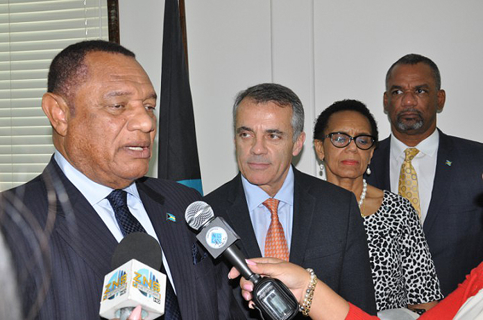 The University of Miami is in talks with the Government of The Bahamas about establishing a School of Medicine in Grand Bahama, Prime Minister of The Bahamas, the Rt. Hon. Perry Christie, pictured left, announced on Friday. Also shown with the Prime Minister from left: Pascal J. Goldschmidt, M.D., Dean of the University of Miami Miller School of Medicine; Attorney General and Minister of Legal Affairs, Senator the Hon. Allyson Maynard-Gibson; and Minister of Education, Science and Technology, the Hon. Jerome Fitzgerald. Also present were: Minister for Grand Bahama, the Hon. Dr. Michael Darville; and Minister of Health the Hon. Dr. Perry Gomez. (BIS Photo/Vandyke Hepburn)