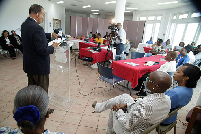 Chief Medical Officer, Ministry of Health, Dr. Glen Beneby addressing the Opening Session of the Caribbean Public Health Agency (CARPHA)/Ministry of Tourism/Ministry of Health Advanced Food Safety Training and Certification Train-the-Trainer Course which opened at the Ministry of Health, Tuesday, June 28. The course will be held over a three-day period and will be facilitated by DR. Lisa Indar, CARPHA Programme Manager. (BIS Photo/Derek Smith)