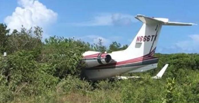 The Lear jet 55 off the runway and into bushes on Eleuthera on Friday.