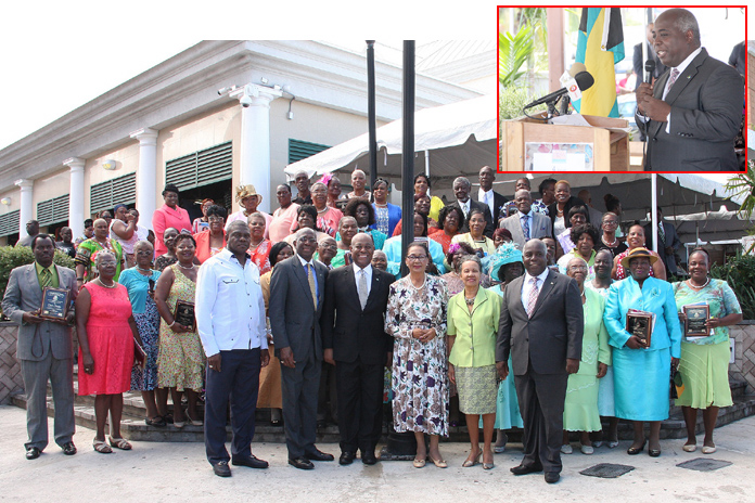 The honourees are pictured along with officials including Governor-General Dame Marguerite Pindling; the Hon. Philip Davis, Deputy Prime Minister and Minister of Works and Urban Development; and the Hon. Obie Wilchcombe, the Minister of Tourism. The Hon. Philip Davis, Deputy Prime Minister and Minister of Works and Urban Development, speaks at the 4th Recognition and Appreciation Ceremony for Straw Vendors and Practitioners, and Wood Carvers. 