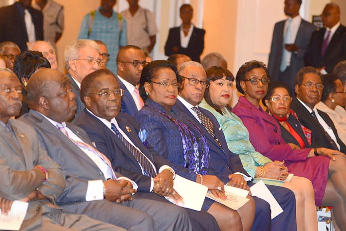 Bahamas Ambassadors at the Opening of Diplomatic Week at Melia Nassau Beach Resort, October 17, 2016, from left: Godfrey Rolle, Elliston Rahming, Calsey Johnson, Alma Adams, Ed Bethel and Mrs. Bethel, Rhoda Jackson, Dr. and Mrs. Eugene Newry.  (BIS Photo/Peter Ramsay)