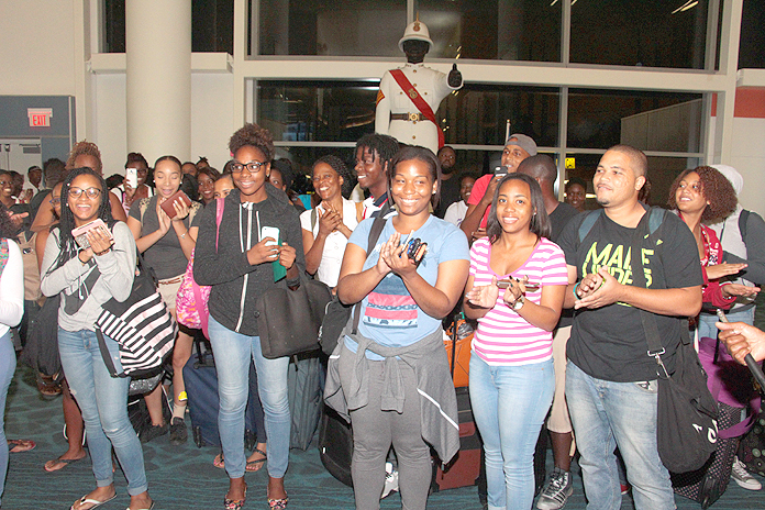 Students studying in Jamaica came home Saturday night ahead of the impact of Hurricane Matthew on that island.  A Bahamasair flight, accommodating 120, left Norman Manley International Airport in Kingston last night and brought them into LPIA, where they were welcomed home by Prime Minister the Rt. Hon. Perry Christie, other officials, and family.  (BIS Photos/Eric Rose)