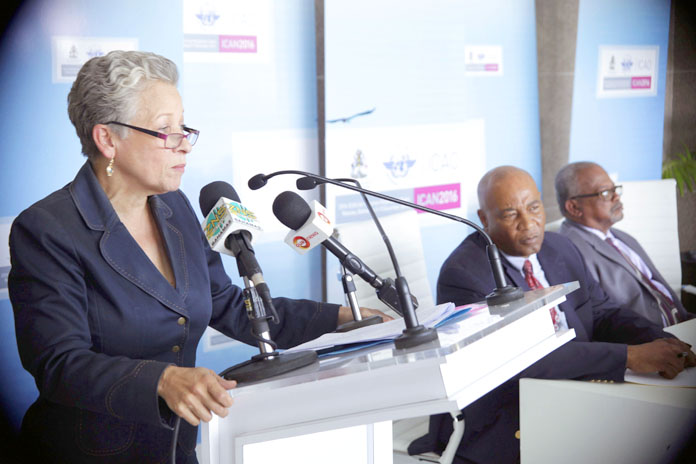 Transport & Aviation Minister the Hon. Glenys Hanna Martin addresses the Monday press conference announcing ICAO meetings in December.  (BIS Photos/Derek Smith)