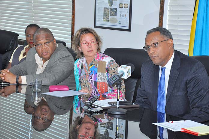POST CRISIS MANAGEMENT SEMINARS - A series of seminars will be held on Thursday and Friday, for residents of Grand Bahama this week to assist with personal and professional restoration following the devastation of Hurricane Matthew. Shown from left during a press conference at the Ministry for Grand Bahama on Monday, October 31, 2016 are: Kevin Seymour, president of the Grand Bahama Chamber of Commerce; Sarah St. George, Vice-Chairman of the Grand Bahama Port Authority; and Minister for Grand Bahama, the Hon. Dr. Michael Darville. (BIS Photo/Vandyke Hepburn)