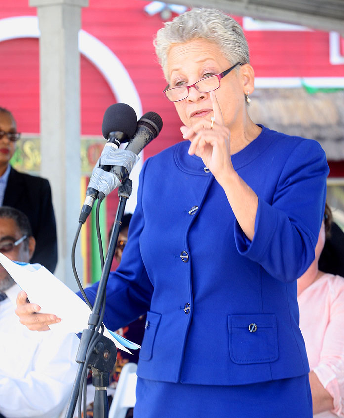 Minister of Transport and Aviation, the Hon. Glenys Hanna-Martin addresses attendees during the launch of the Bahamas Chapter of the Women’s International Shipping and Trading Association (WISTA). WISTA International President Karin Orsel led a delegation of over 200 maritime industry leaders representing Asia, Africa, Europe and the Americas, who were in attendance. The group was in Nassau for WISTA’s Annual General Meeting (AGM), which took place on board the MS Koningsdam (a Holland America cruise ship), November 9-13.  The launch of the Bahamas Chapter was held on Thursday, November 10, in Pompey Square on Bay Street.  (BIS Photo/Kristaan Ingraham). 