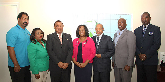 First Baptist Church in Upper Marlboro, Maryland, donated $25,000 towards the Hurricane Matthew recovery efforts, during a presentation at the National Emergency Management Agency, NEMA on Thursday, November 17, 2016. Pictured from left to right are: Gowon Bowe of the disaster relief fund committee, responsible for accounting and fund raising; Paulette Zonicle, The Bahamas Consul General to Washington; the Rt. Hon. Perry Christie, Prime Minister; Mrs. Trina Jenkins; Pastor John Jenkins Sr., First Baptist Church; the Hon. Shane Gibson, Minister responsible for Recovery and Restoration; and Captain Stephen Russell, Director, NEMA.  (BIS Photo/Patrick Hanna)
