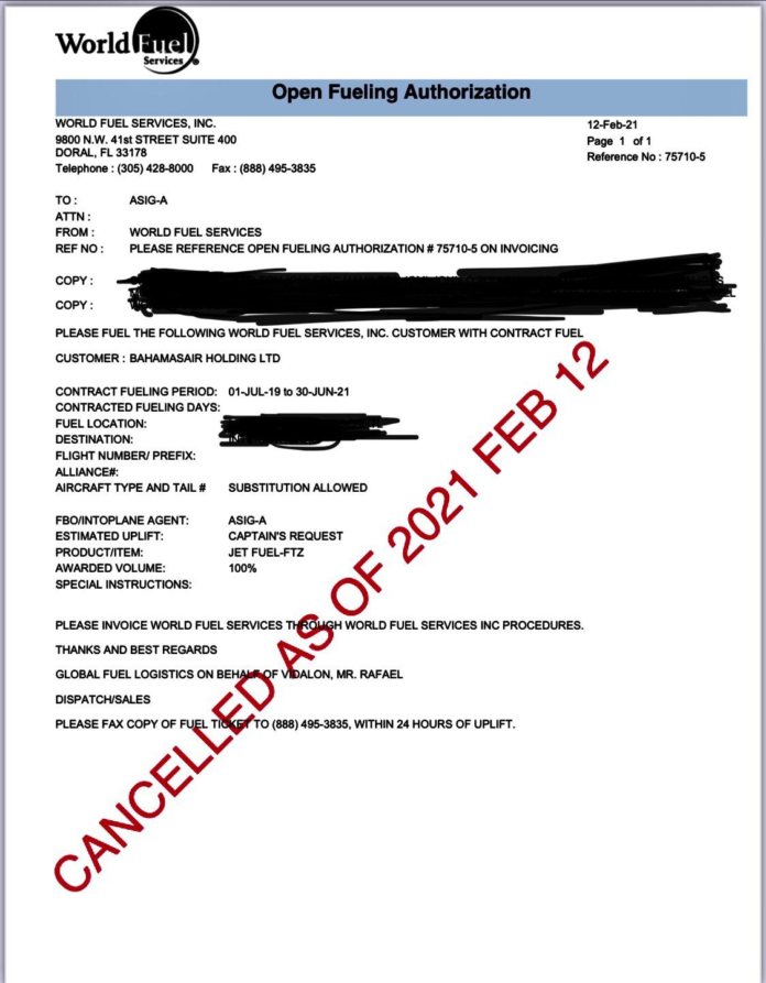 Bahamasair refuelling in the US stopped WHY?