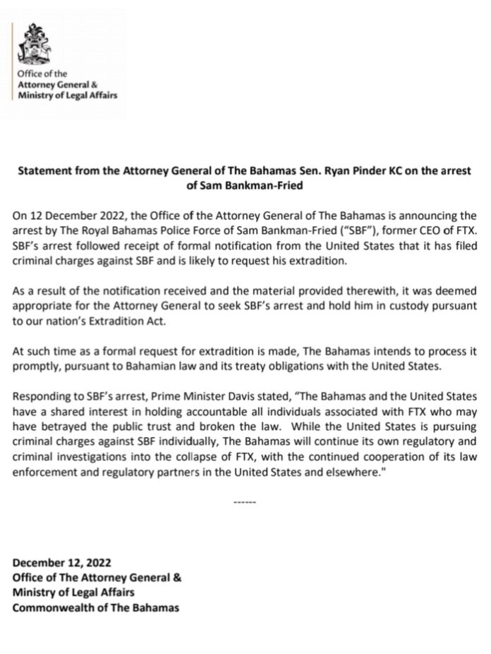 Statement from the Attorney General of The Bahamas Sen. Ryan Pinder KC